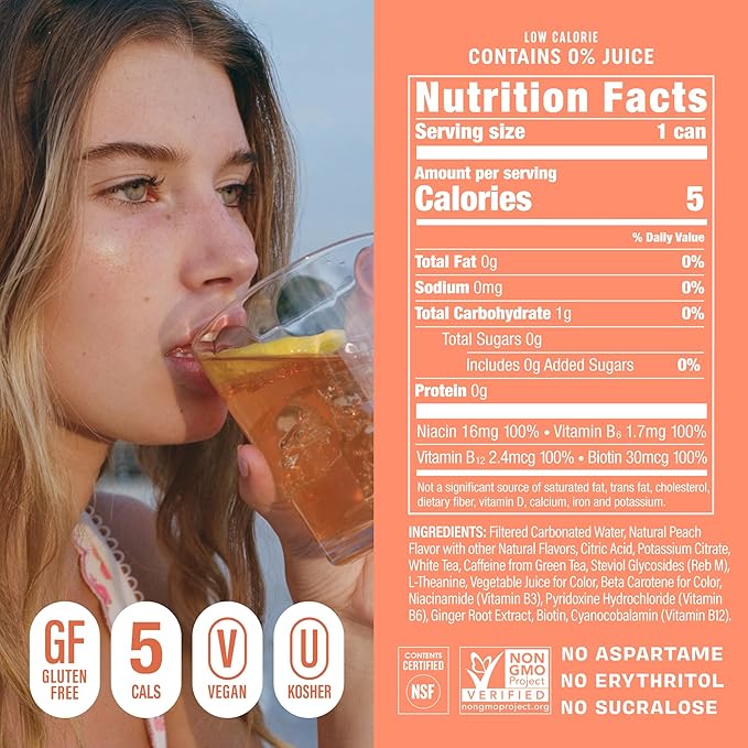 GORGIE Sugar Free Natural Energy Drinks, Sparkling Peach Tea (12 Pack) - Healthy Energy Drinks - Natural Coffee Replacement with Green Tea Caffeine and Biotin - 150mg Caffeine, Vegan, & Low Calorie