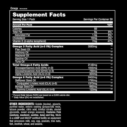 Animal Advanced Omega Essential Fatty Acids - High Potency 3500mg Omega 3 & Omega 6 Supplement with EPA, DHA, ALA, CLA, GLA for Heart, Brain, Joint, Skin, Eye, Metabolism, Immune Health - 30 Day Pack