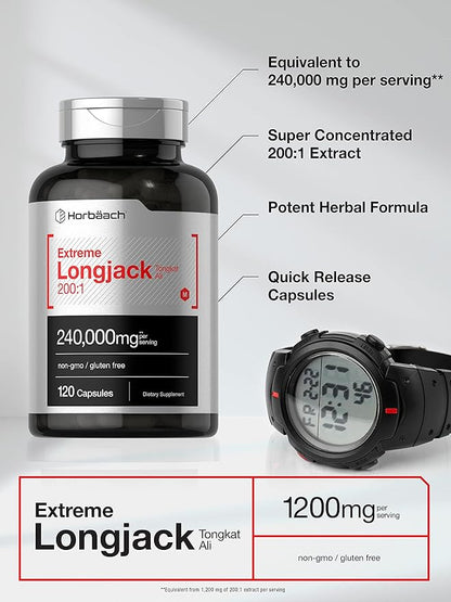 Horbäach - Longjack Tongkat Ali | 240,000 mg (200:1 Potent Extract) | 120 Capsules | Extreme Male Performance Supplement | Super Concentrated Herbal Extract Formula | Non-GMO & Gluten Free Pills