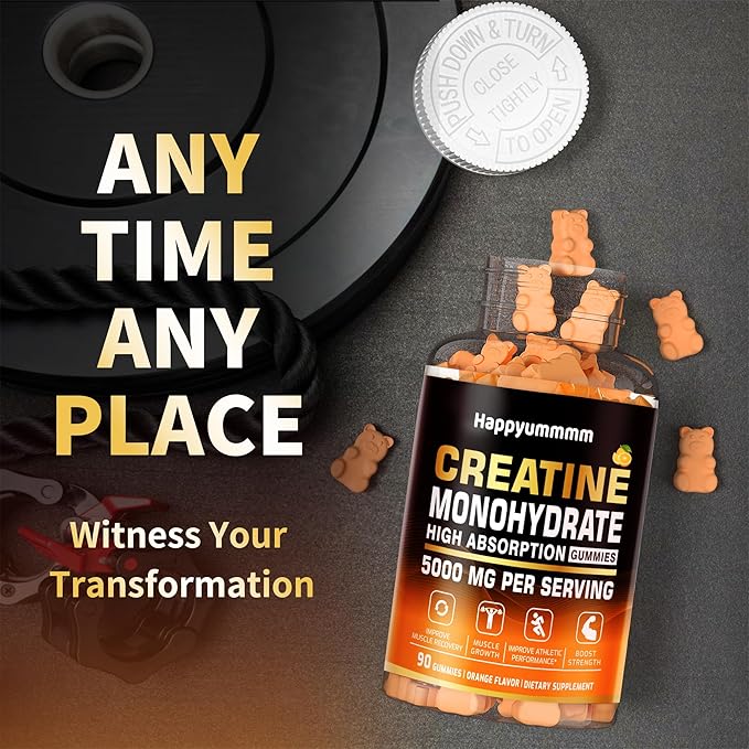 Creatine Monohydrate Gummies 5g for Men Women - Sugar Free Chewable Supplement. 180 Gummies Orange.