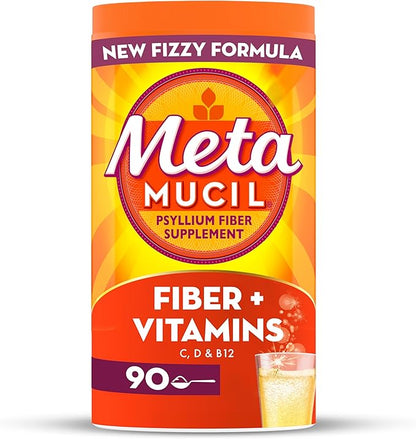 Metamucil Fizzy Fiber Supplement + Vitamins, Plant Based Psyllium Fiber Powder with Vitamins C, D & B12, Daily Supplement for Regularity + Metabolism of Fats and Proteins, Citrus Flavor, 90 Servings