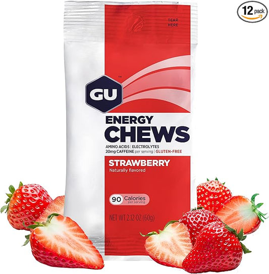 GU Energy Chews, Strawberry Energy Gummies with Electrolytes, Vegan, Gluten-Free, Kosher, 20 mg of Caffeine, and Dairy-Free On-the-Go Energy for Any Workout, 12 Bags (24 Servings Total)