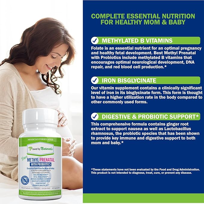 Power By Naturals Prenatal Probiotic Blend Vitamins w/Methylfolate, B12, Iron, Ginger & 27+ Essential Nutrients for Healthy Pregnancy, Prenatal Probiotics for Women, Pregnancy Probiotic, 60 Capsules