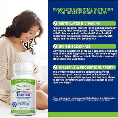 Power By Naturals Prenatal Probiotic Blend Vitamins w/Methylfolate, B12, Iron, Ginger & 27+ Essential Nutrients for Healthy Pregnancy, Prenatal Probiotics for Women, Pregnancy Probiotic, 60 Capsules