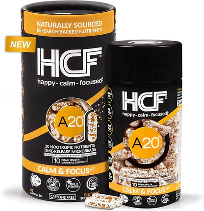 HCF A20 Microbead Brain Supplements for Memory and Focus + Brain Support, Calm, Mood, Alertness, Attention, Vision, Sleep, Immune System, 20 Premium Nootropic Nutrients Multivitamin & 7 Advances® Tech