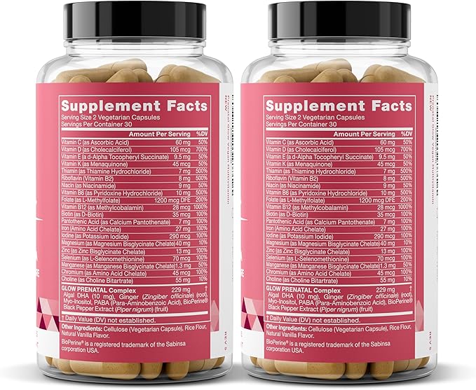 Glow Prenatal Vitamins for Women – 20-in-1 Vital Nutrients for Healthy Pregnancy and Fetal Development – Folic Acid & Vegan DHA For Baby's Growth & A Comfortable Pregnancy – 120 Nourishing Capsules