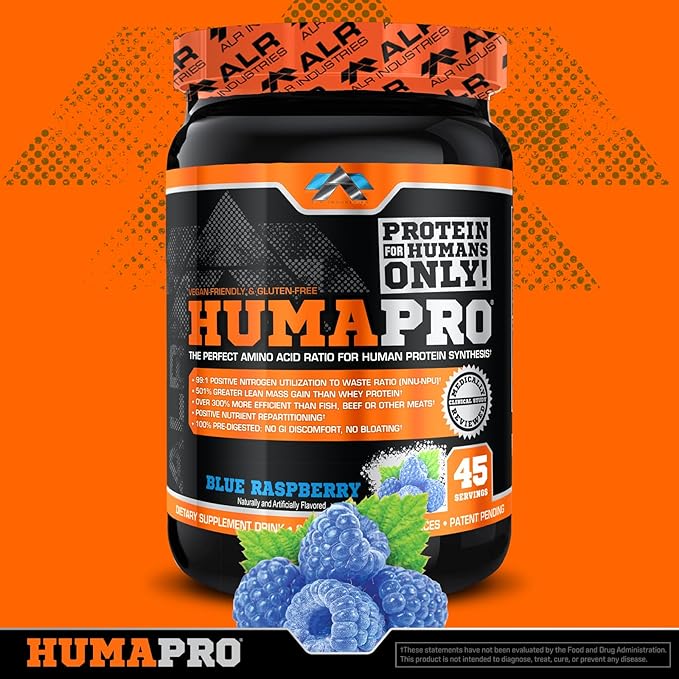 Humapro | Amino Acids Protein Matrix for Humans | 99% Utilization for Lean Muscle | Vegan, Gluten Free | 334g / 45 Servings (Blue Raspberry)