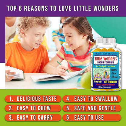 Littlewonders Kids Brain Supplements for Memory and Focus | Nootropics Brain Support Supplement | EPA DHA Omega 3 Childrens Vitamins | Vegan-Friendly, Non-GMO, Tasty Gummy Vitamins 60Ct