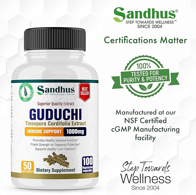 Sandhu's Guduchi (Tinospora Cordifolia) Giloy 100 Vegetarian Capsules Immune Support 1000mg per Serving