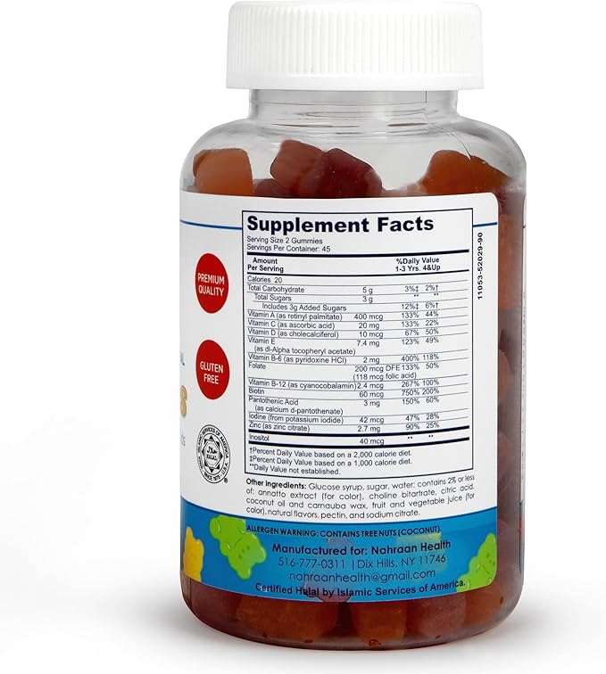 Halal Vitamins for Kids - Halal Multivitamins for Kids Vitamin A, C, D, E, B6, B12 - Non-GMO Vegetarian, Halal Gummies - 90 Count
