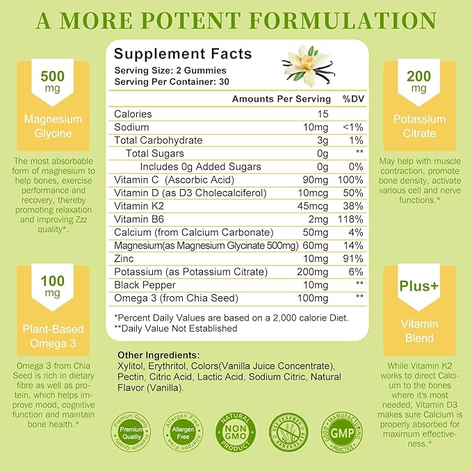 Potassium Magnesium Gummies - High Absorption Magnesium Glycinate 500mg & Potassium Citrate 200mg Plus Omega 3, B6, D3, K2 & Calcium - Chewable Gummy for Leg Cramps, Immunity & Energy - 60 Count
