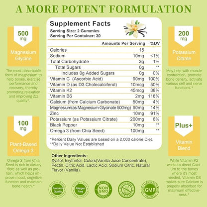Potassium Magnesium Gummies - High Absorption Magnesium Glycinate 500mg & Potassium Citrate 200mg Plus Omega 3, B6, D3, K2 & Calcium - Chewable Gummy for Leg Cramps, Immunity & Energy - 60 Count