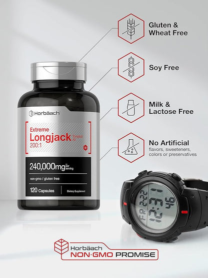Horbäach - Longjack Tongkat Ali | 240,000 mg (200:1 Potent Extract) | 120 Capsules | Extreme Male Performance Supplement | Super Concentrated Herbal Extract Formula | Non-GMO & Gluten Free Pills