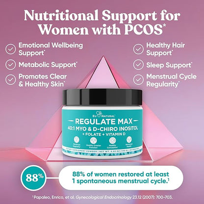 Eu Natural Regulate MAX Myo-Inositol & D-Chiro Inositol Supplement Powder for Women with Vitamin D & Folate PCOS Nutritional Support, Hormone Balance & Fertility Support, Unflavored 60 Servings