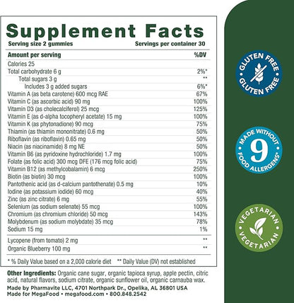 MegaFood Men's Multi - Multivitamin for Men - Gummy Vitamins for Men - Vitamin C, Vitamin D, Zinc, Vitamin B12 & Real Fruit - Immune Support - Vegetarian - Wild Blueberry - 60 Gummies (30 Servings)