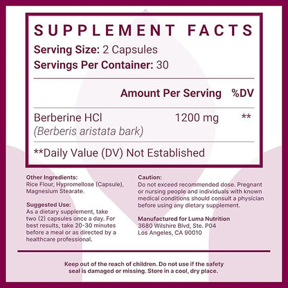 Berberine Supplement - Berberine 1200mg Per Serving - Berberine HCI - Berberine Plus - 60 Berberine Capsules