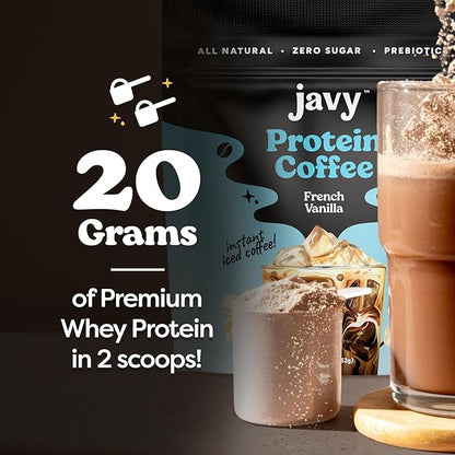 Javy French Vanilla Protein Coffee - Premium Whey Protein & Instant Iced Coffee - 100% Arabica Coffee - Zero Artificial Flavors & Sweeteners, 20 Servings