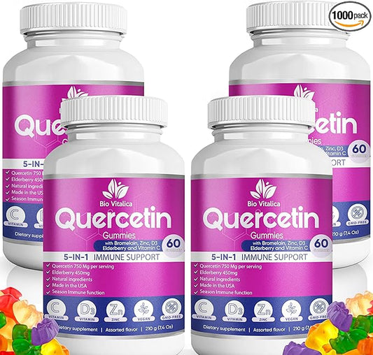 BIO VITALICA Quercetin Gummies by BioVitalica - Quercetin with Bromelain Vitamin C and Zinc & Elderberry + Vitamin D3-5 in 1 Immune Support - Zinc Quercetin 750 mg for Kids and Adult (4, Quercetin)