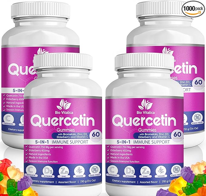 BIO VITALICA Quercetin Gummies by BioVitalica - Quercetin with Bromelain Vitamin C and Zinc & Elderberry + Vitamin D3-5 in 1 Immune Support - Zinc Quercetin 750 mg for Kids and Adult (4, Quercetin)