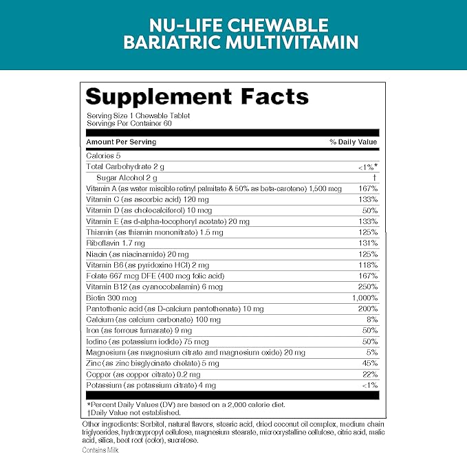 Nu-Life Advanced Bariatrics Multivitamin Chewable Tablets, Bariatric Mulivitamin with Iron - Tropical Berry (60 Chewable Tablets) (Packaging May Vary)