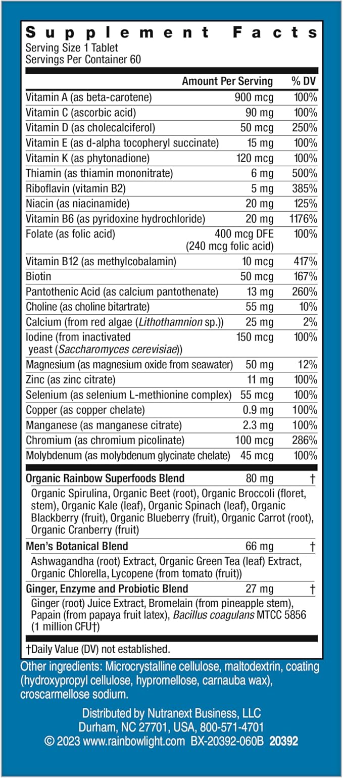Rainbow Light Mens One Multivitamin, Men's Daily Multivitamin Provides High-Potency Immune Support, With Vitamin C, Vitamin D and Zinc, Vegetarian, 60 Count
