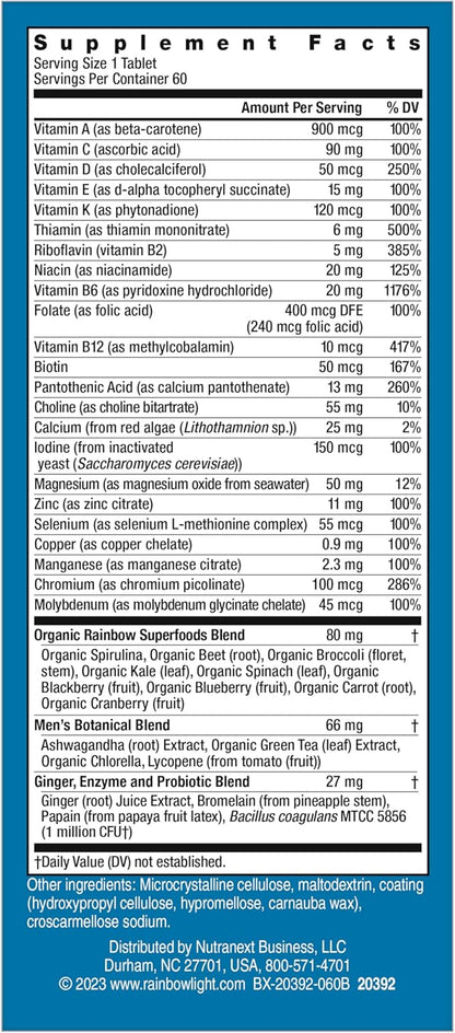 Rainbow Light Mens One Multivitamin, Men's Daily Multivitamin Provides High-Potency Immune Support, With Vitamin C, Vitamin D and Zinc, Vegetarian, 60 Count