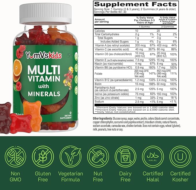YumVs Kids Multivitamin Gummies - Fruit Flavored Chewable Children's Multivitamin - Kids Vitamins Multivitamin Gummy with 12 Minerals & Vitamins A C D3 E B6 B12 - Kosher Halal Gluten Free (60 Count)