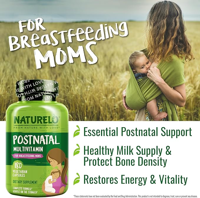 NATURELO Postnatal Multivitamin - Supplement for Breastfeeding Women - Plant-Based Vitamin D, Folate, Gentle Iron - for Nursing Mother, Baby - Post Natal Lactation Support (180 Count (Pack of 1))
