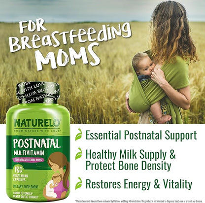 NATURELO Postnatal Multivitamin - Supplement for Breastfeeding Women - Plant-Based Vitamin D, Folate, Gentle Iron - for Nursing Mother, Baby - Post Natal Lactation Support (180 Count (Pack of 1))