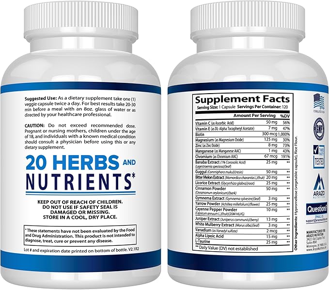 Arazo Nutrition Blood Sugar 365 Supplement – Supports Healthy Energy Levels - 120 Herbal Pills - 60 Day Supply