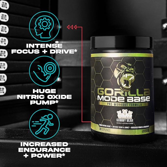Gorilla Mode Base Pre Workout - Raises Nitric Oxide · Intense Focus & Drive · Endurance · Power - L-Citrulline, L-Tyrosine, Betaine, Alpha-GPC, Caffeine, Huperzine A - 360 Grams (Volcano Burst)