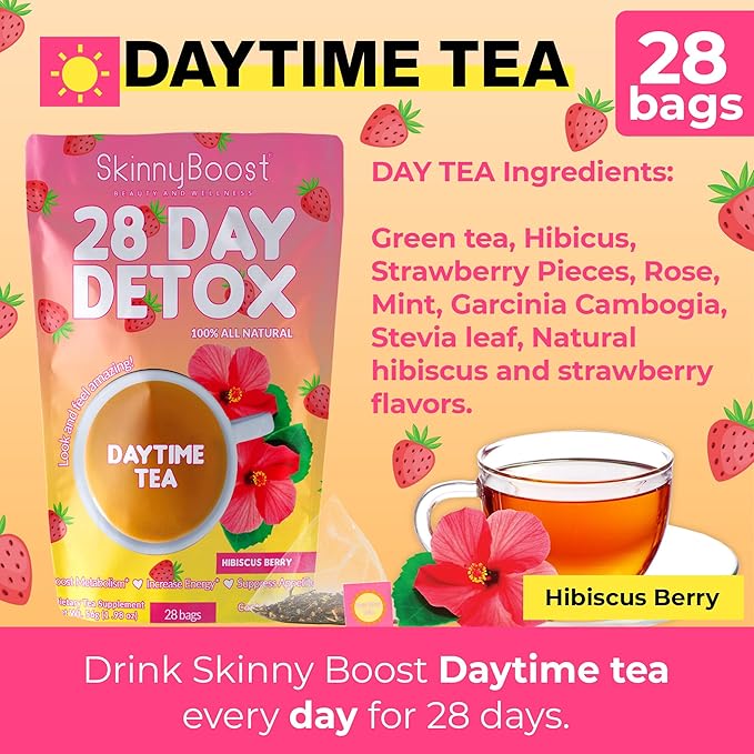 SkinnyBoost 28 Day Detox Tea Kit-1 Daytime Hibiscus (28 Bags) 1 Evening Apple Cinnamon(14 Bags) Non GMO, Vegan, All Natural, Green Tea and Herbal Teas for Natural Detox and Cleanse, Reduce Bloating
