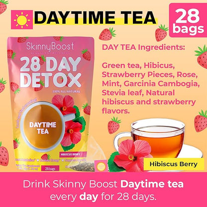 SkinnyBoost 28 Day Detox Tea Kit-1 Daytime Hibiscus (28 Bags) 1 Evening Apple Cinnamon(14 Bags) Non GMO, Vegan, All Natural, Green Tea and Herbal Teas for Natural Detox and Cleanse, Reduce Bloating