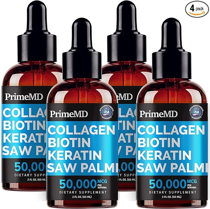 Liquid Collagen Peptides for Women - Complex with Biotin Vitamin, Hydrolyzed Keratin Protein and Saw Palmetto - Comprehensive Formula for Hair, Skin, and Nails Wellness - 2fl oz (Pack of 4)