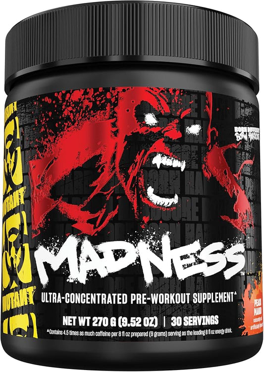 Mutant Madness | Pre Workout Powder Supplement Performance and Pump Blend Includes L-Citrulline, Beta-Alanine, Taurine, L-Tyrosine | 30 Serving | Peach Mango