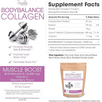 Muscle Boost (Mixed Berry) [30-Serves] | Collagen Supplement Powder with Hydrolyzed BODYBALANCE Collagen Peptides & Buffered Vitamin C | Improves Body Composition