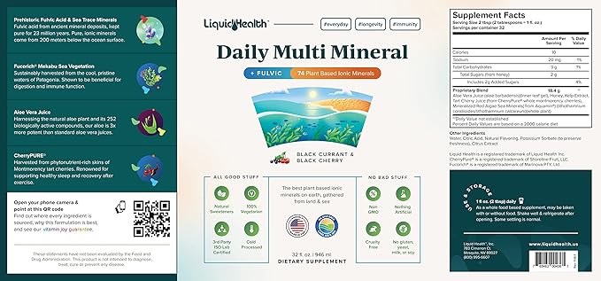 LIQUIDHEALTH Daily Multi Mineral Liquid Supplement with Fulvic Acid, Plant Based Ionic Aquamin Sea Trace Ocean Minerals - Immune Support, Energy, Gut Health, Detox - Vegetarian, Sugar-Free (3 Pack)
