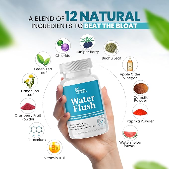 Dr Vitamins Diuretic Water Pills for Weight Control - Instant Natural Relief from Bloat and Swelling - Green Tea, Cranberry, Dandelion Leaf Extract - Water Retention Pills for Women & Men - 120 Caps