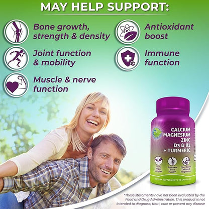 Plant-Based Calcium 500mg (Aquamin) - Vegan Calcium Magnesium Zinc D3 + Vitamin K2, Organic Turmeric & BioPerine - Supports Enhanced Bone Health & Strength for Women and Men - 90 Count