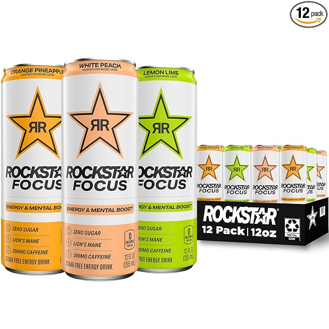Rockstar Focus, 3 Flavor Variety Pack (White Peach, Lemon Lime, Orange Pineapple), 12 Fl Oz Cans (Pack of 12)