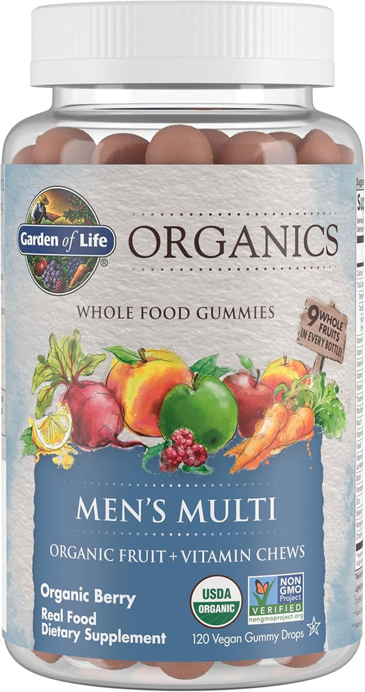 Garden of Life Organics Men's Gummy Vitamins - Berry - Certified Organic, Non-GMO, Vegan, Kosher Complete Multi - Methyl B12, C & D3 - Gluten, Soy & Dairy Free, 120 Real Fruit Chew Gummies