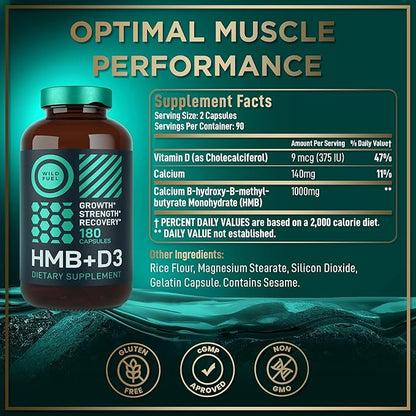 HMB and Vitamin D3 Supplement Capsules - B-Hydroxy B-Methylbutyrate 1,000 MG HMB Supplements with Vitamin D3 - Muscle Growth, Strength, Performance and After Workout Muscle Recovery - 360 HMB Capsules