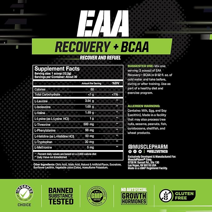 Muscle Pharm EAA Recovery + BCAAs, Post Workout Essential Amino Acids Powder, Pre Workout Energy Supplement for Men & Women with Branched Chain Amino Acids, 30 Servings (Watermelon Crush)