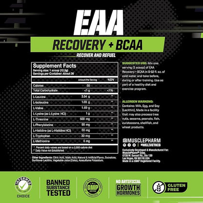 Muscle Pharm EAA Recovery + BCAAs, Post Workout Essential Amino Acids Powder, Pre Workout Energy Supplement for Men & Women with Branched Chain Amino Acids, 30 Servings (Watermelon Crush)