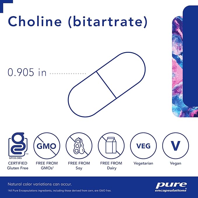 Pure Encapsulations Choline (Bitartrate) - 275 mg Choline (Bitartrate) - Supports Methylation, Brain Health & Cell Function* - Highly Bioavailable - Vegan & Non-GMO - 100 Capsules