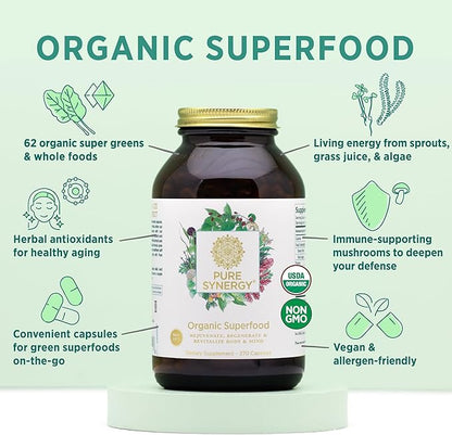 PURE SYNERGY Superfood Capsules | Organic Superfood & Greens Supplement | Whole Food Capsules with Super Greens, Spirulina, & Mushrooms | for Energy, Healthy Aging & Immune Health (270 Capsules)