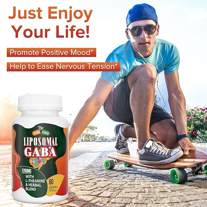 Liposomal GABA with L-Theanine Supplements 1200mg - High Absorption GABA Complex with Ashwagandha, Chamomile, Tart Cherry Herbal Supplements for Men and Women, 60 Softgels