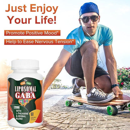Liposomal GABA with L-Theanine Supplements 1200mg - High Absorption GABA Complex with Ashwagandha, Chamomile, Tart Cherry Herbal Supplements for Men and Women, 60 Softgels