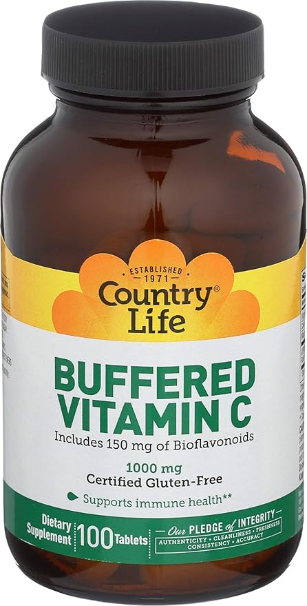 Country Life Buffered Vitamin C 1000mg with Bioflavonoids, Calcium, Magnesium, Potassium - Immune Support, Vegan Capsules, Gluten-Free, Gentle on Stomach - 100 Tablets