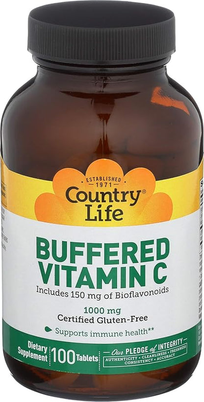 Country Life Buffered Vitamin C 1000mg with Bioflavonoids, Calcium, Magnesium, Potassium - Immune Support, Vegan Capsules, Gluten-Free, Gentle on Stomach - 100 Tablets